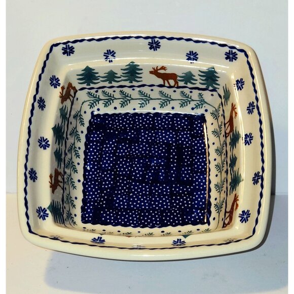 Boleslawiec Polish Pottery Square Baker Serving Bowl Snowflake Reindeer Tree 7.5 - Picture 2 of 8